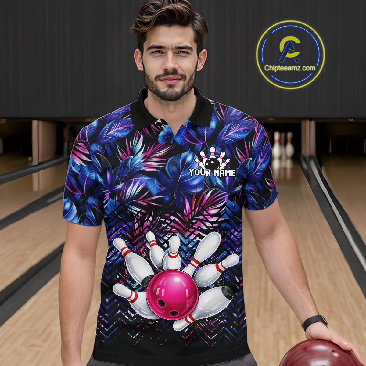 Custom Blue And Pink Tropical Floral Bowling Shirt For Men, Bowling Team Jersey Polo & 1/4 Zip TDM6222