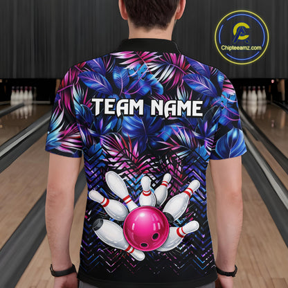Custom Blue And Pink Tropical Floral Bowling Shirt For Men, Bowling Team Jersey Polo & 1/4 Zip TDM6222