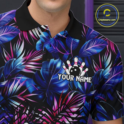Custom Blue And Pink Tropical Floral Bowling Shirt For Men, Bowling Team Jersey Polo & 1/4 Zip TDM6222