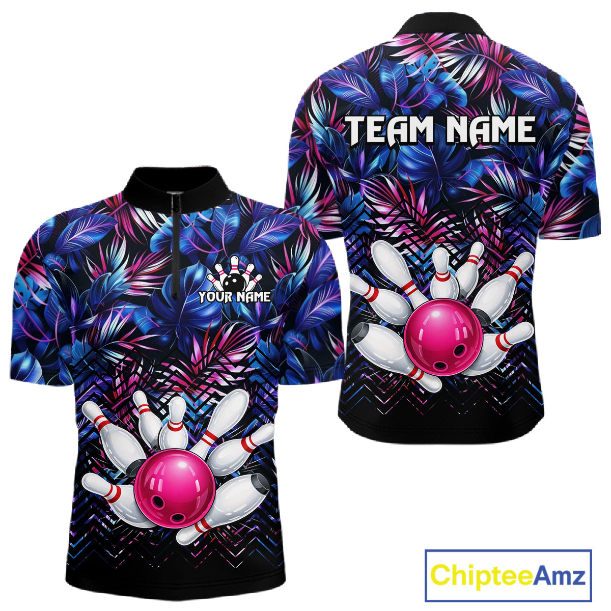 Custom Blue And Pink Tropical Floral Bowling Shirt For Men, Bowling Team Jersey Polo & 1/4 Zip TDM6222