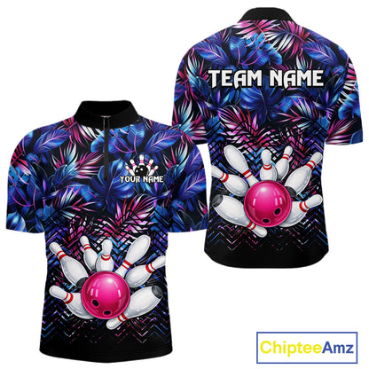 Custom Blue And Pink Tropical Floral Bowling Shirt For Men, Bowling Team Jersey Polo & 1/4 Zip TDM6222