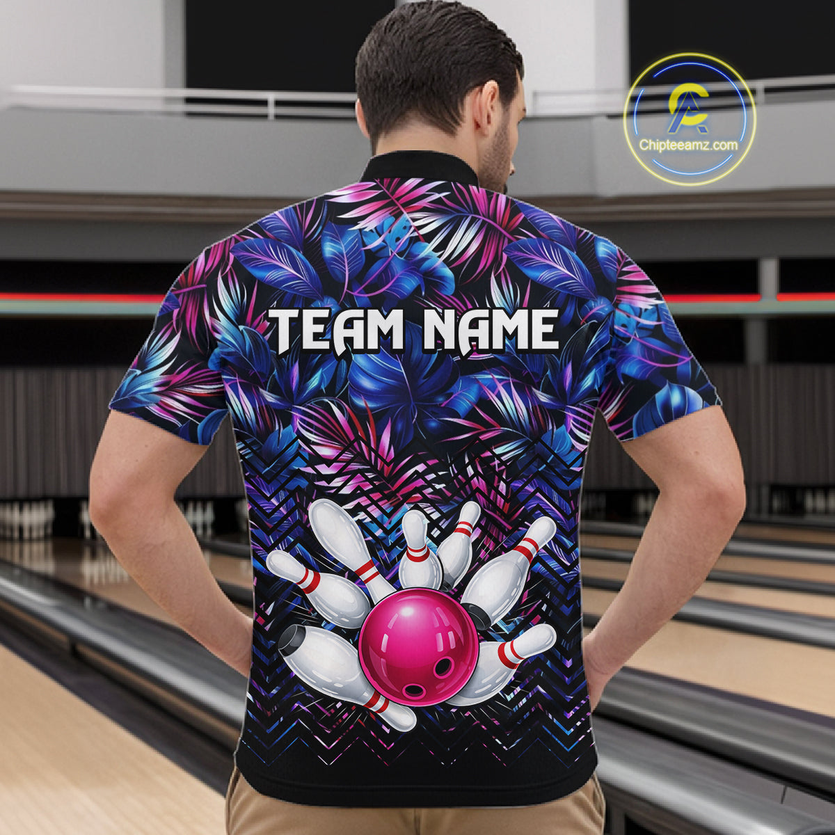 Custom Blue And Pink Tropical Floral Bowling Shirt For Men, Bowling Team Jersey Polo & 1/4 Zip TDM6222
