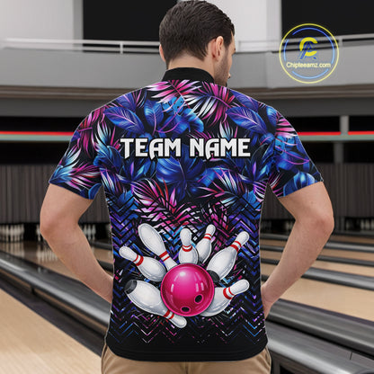 Custom Blue And Pink Tropical Floral Bowling Shirt For Men, Bowling Team Jersey Polo & 1/4 Zip TDM6222