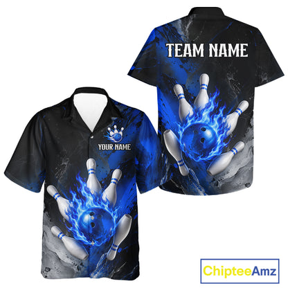 Black and blue flaming Hawaiian bowling shirt for men and women, custom bowling league team shirt with flame design.