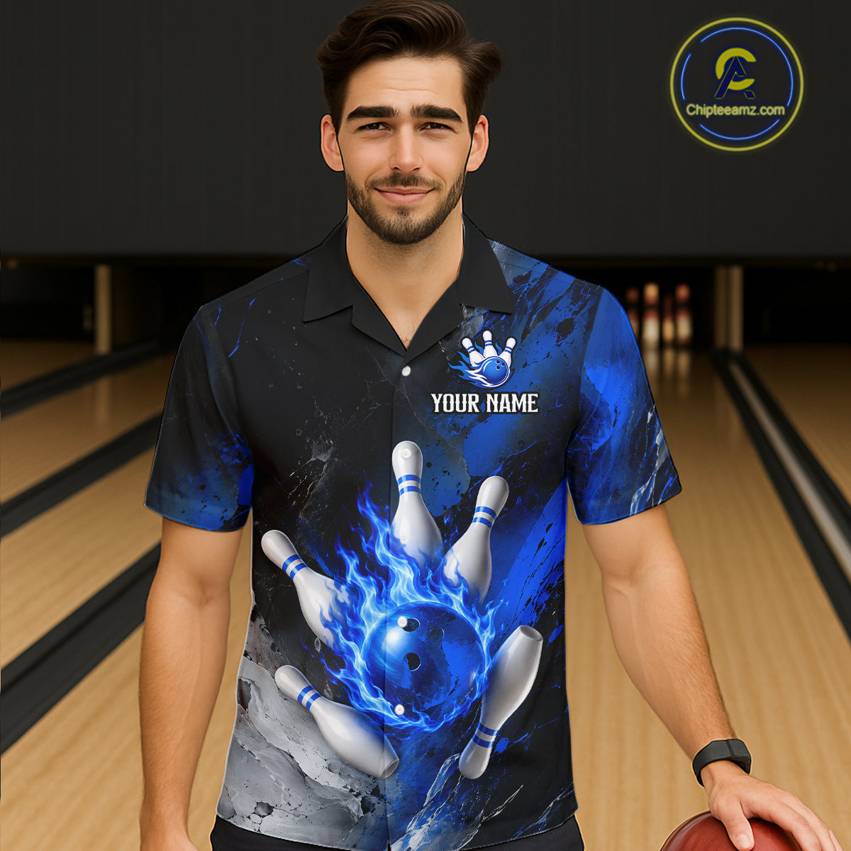 Man wearing black and blue flaming Hawaiian bowling shirt front view.