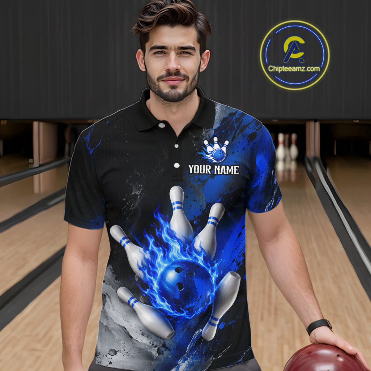Man wearing black and blue flaming bowling polo shirt front view.