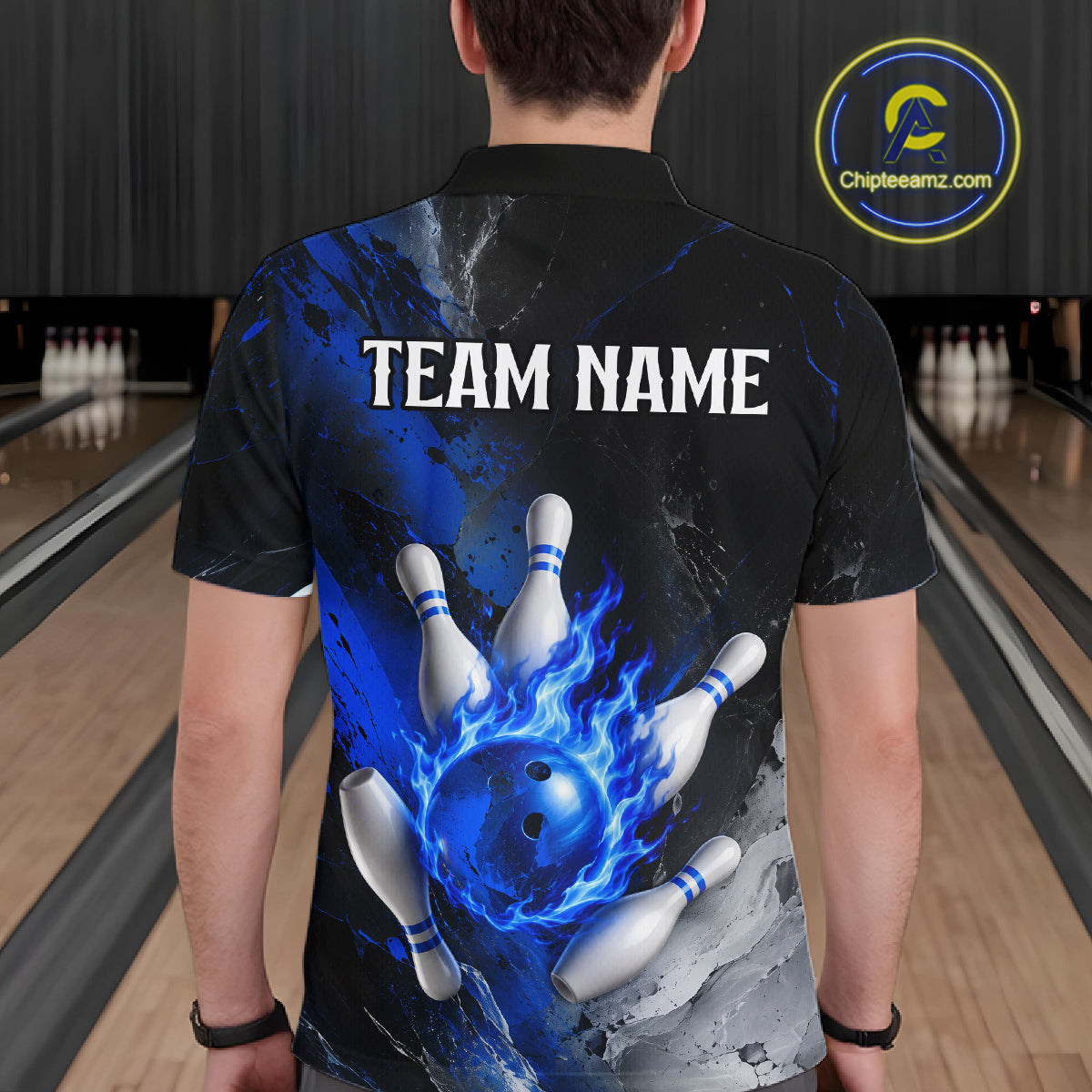 Man wearing black and blue flaming bowling polo shirt back view.