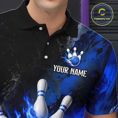 Close up of black and blue flaming bowling polo shirt collar, buttons and chest design.
