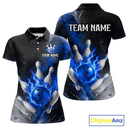Black and blue flaming bowling team polo shirt for women.