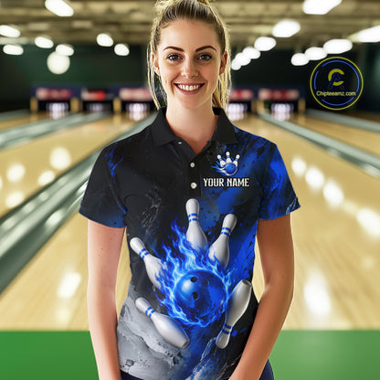 Black and blue flaming bowling quarter zip shirt for women.