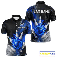 Load image into Gallery viewer, Black and blue flaming bowling team polo shirt for men.