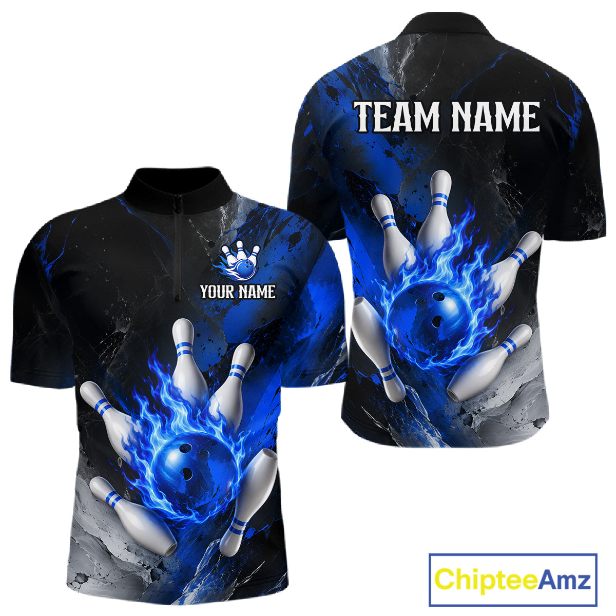 Black and blue flaming bowling quarter zip shirt for men.
