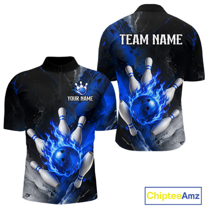 Black and blue flaming bowling quarter zip shirt for men.