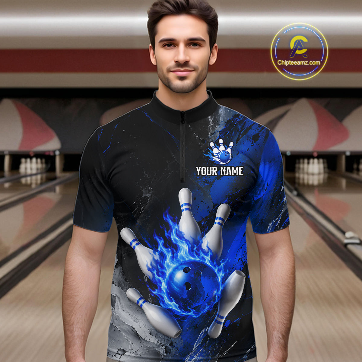 Man wearing black and blue flaming bowling quarter zip shirt front view.