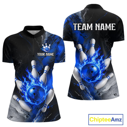 Black and blue flaming bowling polo shirt for women, custom bowling league team jersey.