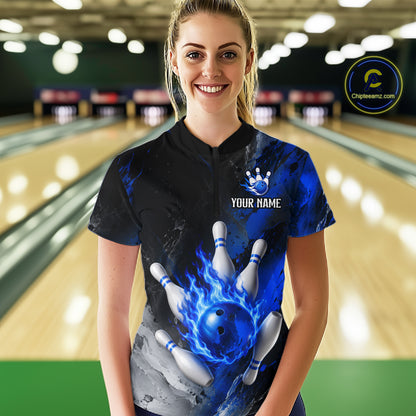 Woman wearing black and blue flaming bowling polo shirt front view.