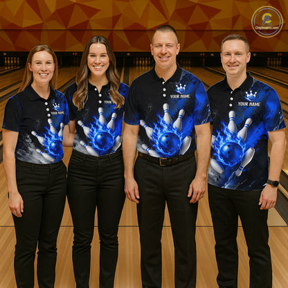 Bowling team wearing matching black and blue flaming bowling jerseys front view.
