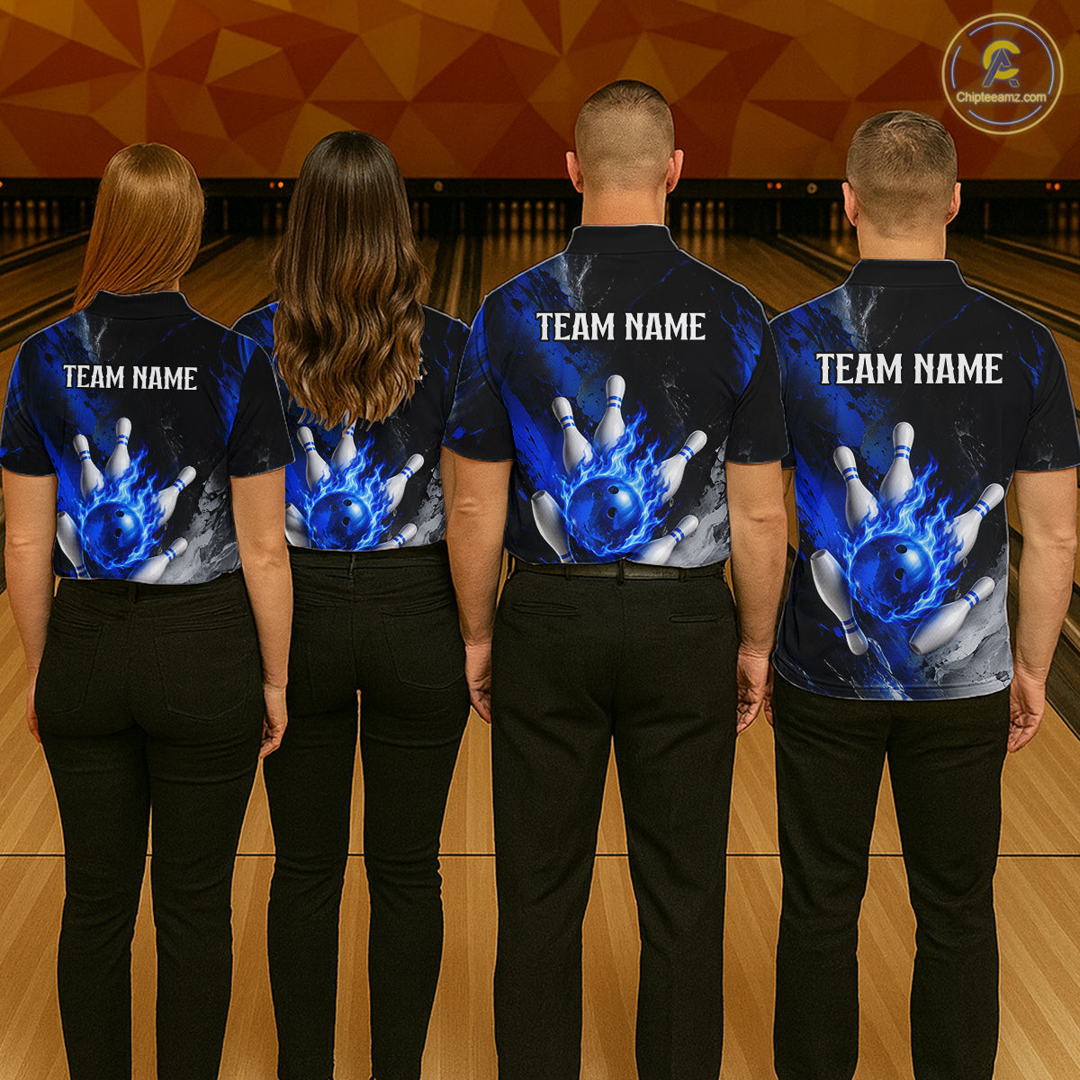 Bowling team wearing matching black and blue flaming bowling jerseys back view.