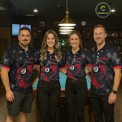 Black Red 8 Ball Scorpion Roses Billiard Shirt For Men Custom Pool Team Shirt, Billiard Jersey TDM5345