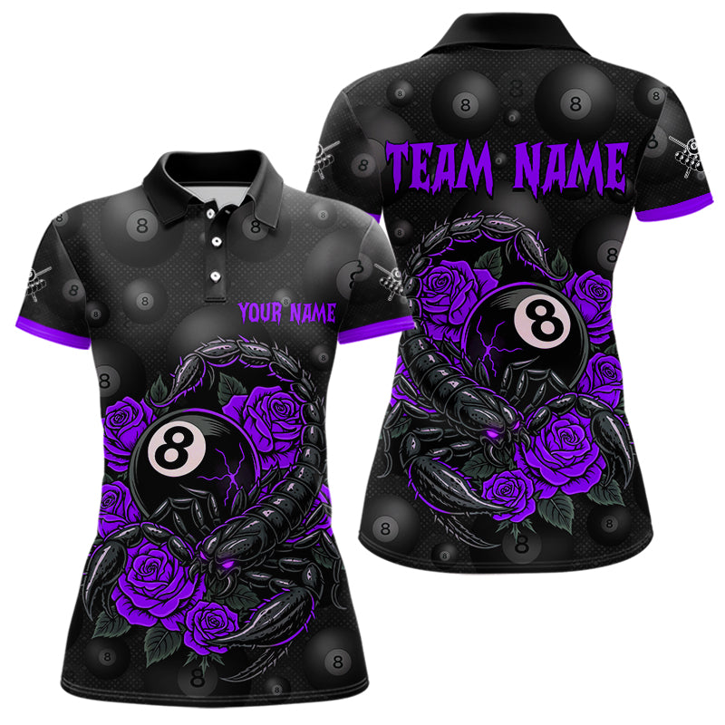 Black Purple 8 Ball Scorpion Roses Billiard Shirt For Women Custom Pool Team Shirt, Billiard Jersey TDM5347