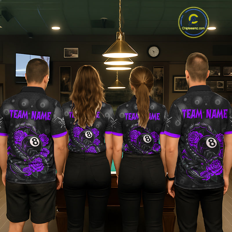 Black Purple 8 Ball Scorpion Roses Billiard Shirt For Men Custom Pool Team Shirt, Billiard Jersey TDM5347