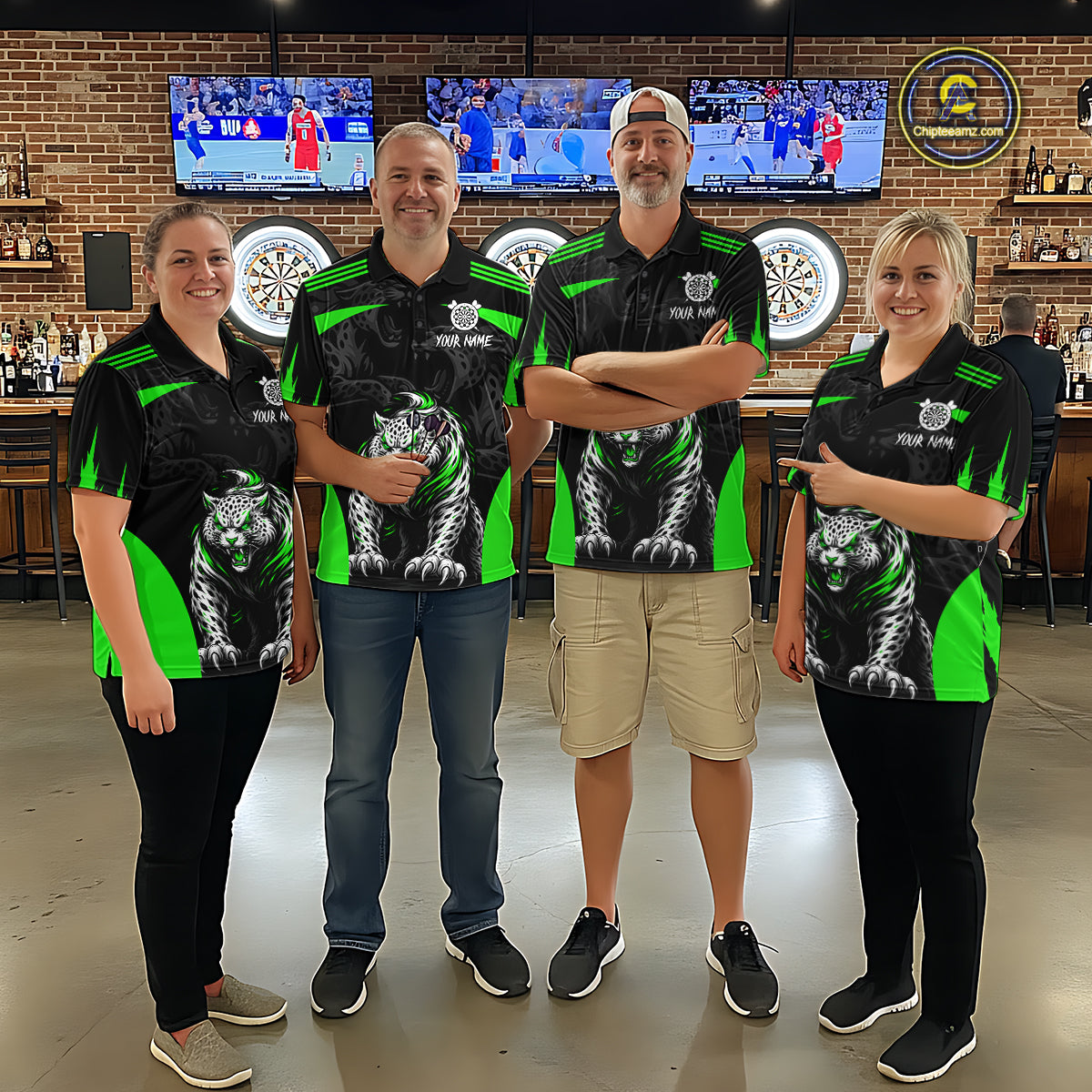 Black And Green Custom Leopard Darts Shirt For Men, Darts Team Jersey Polo & Quarter Zip TDM5627