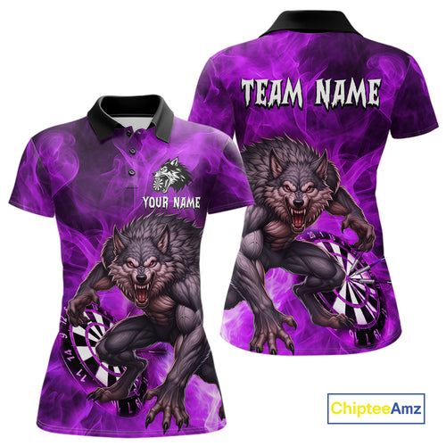 Purple Flaming Wolf Darts Shirt For Women Custom Darts League Jersey Team Polo & Quarter Zip TDM5358