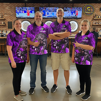 Purple Flaming Wolf Darts Shirt For Men Custom Darts League Jersey Team Polo & Quarter Zip TDM5358