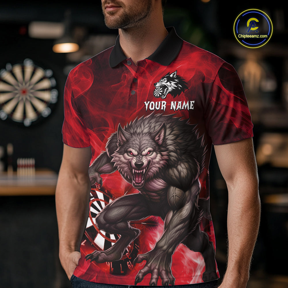 Red Flaming Wolf Darts Shirt For Men Custom Darts League Jersey Team Polo & Quarter Zip TDM5359