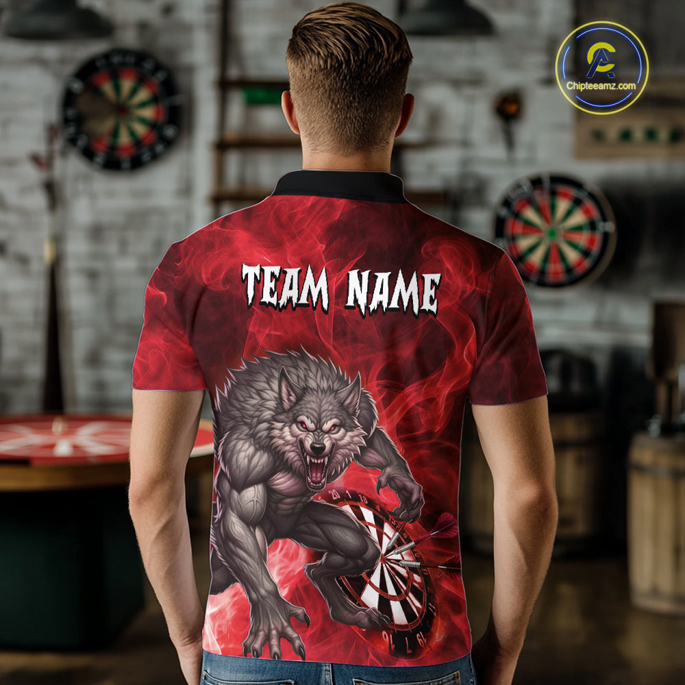 Red Flaming Wolf Darts Shirt For Men Custom Darts League Jersey Team Polo & Quarter Zip TDM5359