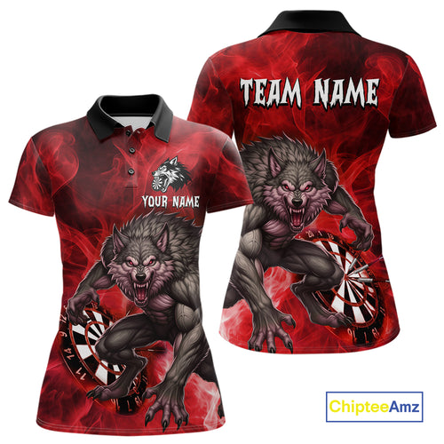Red Flaming Wolf Darts Shirt For Women Custom Darts League Jersey Team Polo & Quarter Zip TDM5359