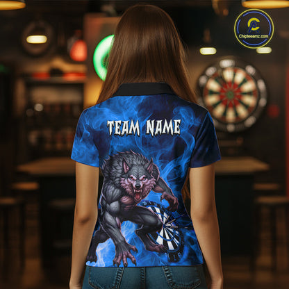 Blue Flaming Wolf Darts Shirt For Women Custom Darts League Jersey Team Polo & Quarter Zip TDM5360
