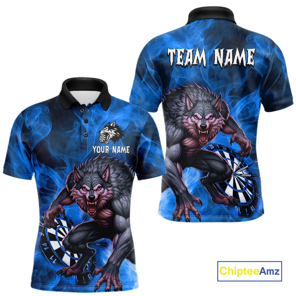 Blue Flaming Wolf Darts Shirt For Men Custom Darts League Jersey Team Polo & Quarter Zip TDM5360