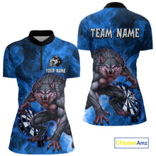 Load image into Gallery viewer, Blue Flaming Wolf Darts Shirt For Women Custom Darts League Jersey Team Polo &amp; Quarter Zip TDM5360