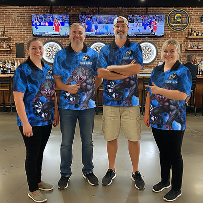 Blue Flaming Wolf Darts Shirt For Men Custom Darts League Jersey Team Polo & Quarter Zip TDM5360
