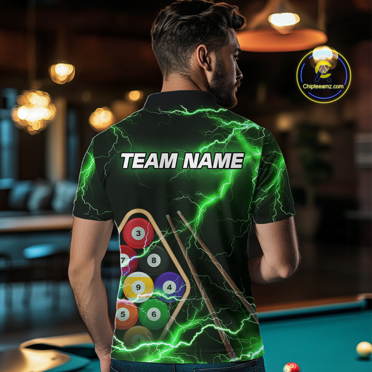 Green 9 Ball Thunder Lightning Billiard Shirts For Men Custom 9 Ball Pool Team Jersey Polo, 1/4 Zip TDM5634