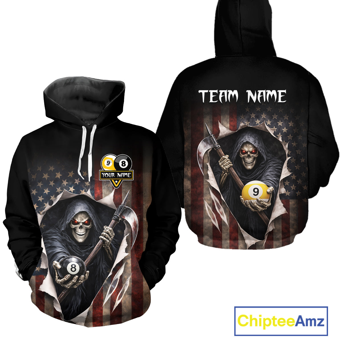 Grim Reaper 8 Ball & 9 Ball American Flag Billiard Hoodie For Player Custom Hoodie Pool Team Jersey TDM5638