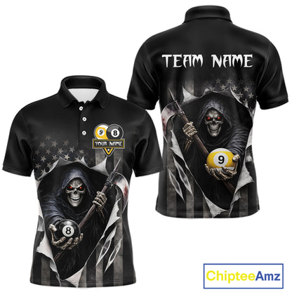 Grim Reaper 8 Ball & 9 Ball US Flag Billiard Shirt For Men Custom Pool Team Jersey Polo & 1/4 Zip TDM5639