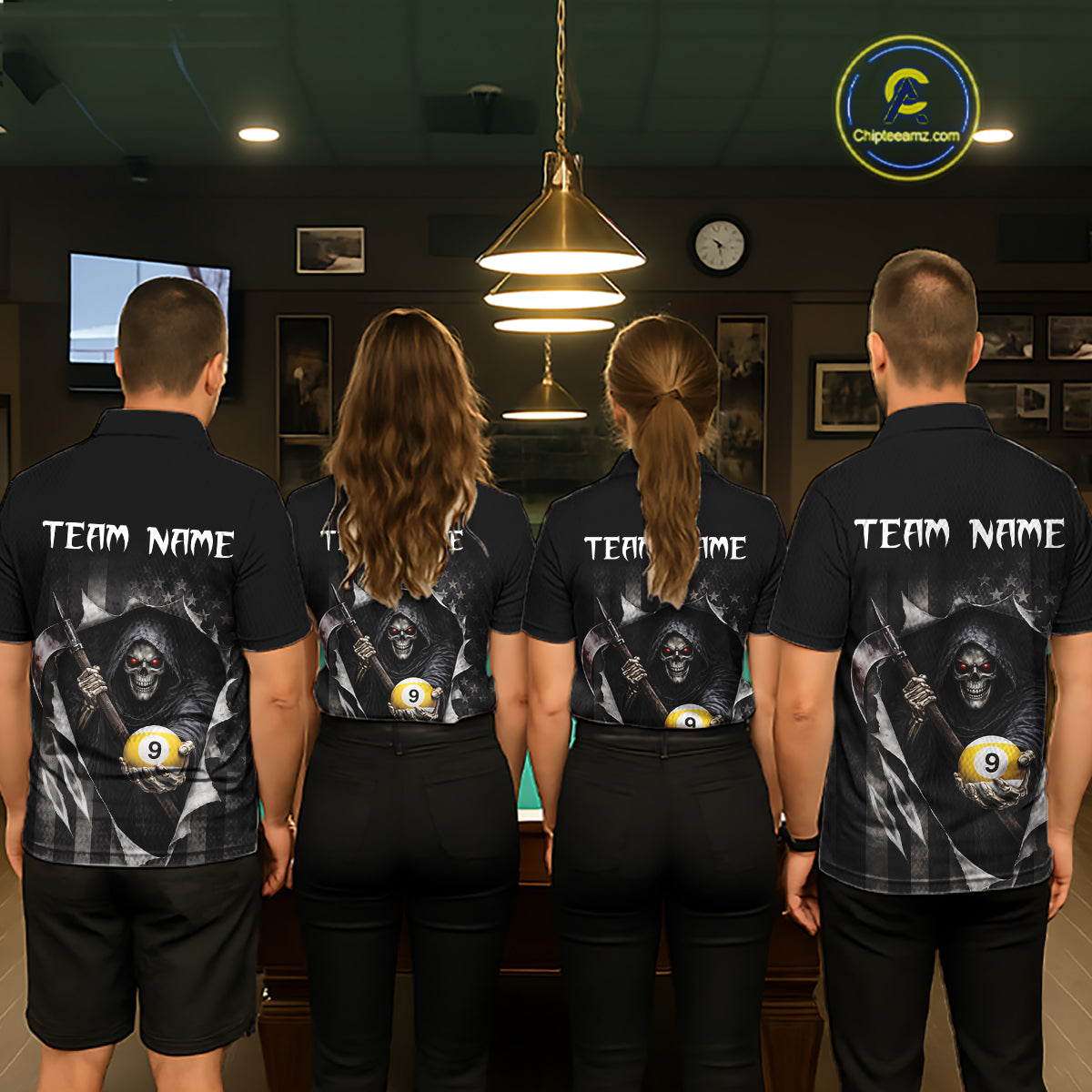 Grim Reaper 8 Ball & 9 Ball US Flag Billiard Shirt For Men Custom Pool Team Jersey Polo & 1/4 Zip TDM5639
