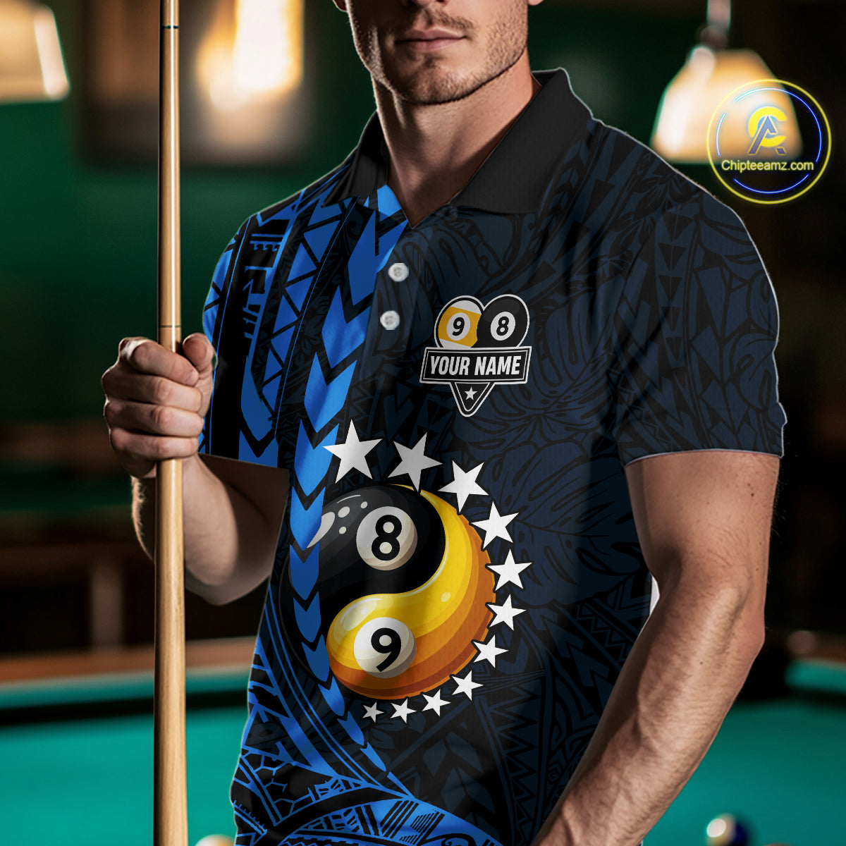 Custom Blue Tribal 8 Ball & 9 Ball Yin And Yang Billiard Shirt For Men, Funny Pool Team Jersey TDM5845