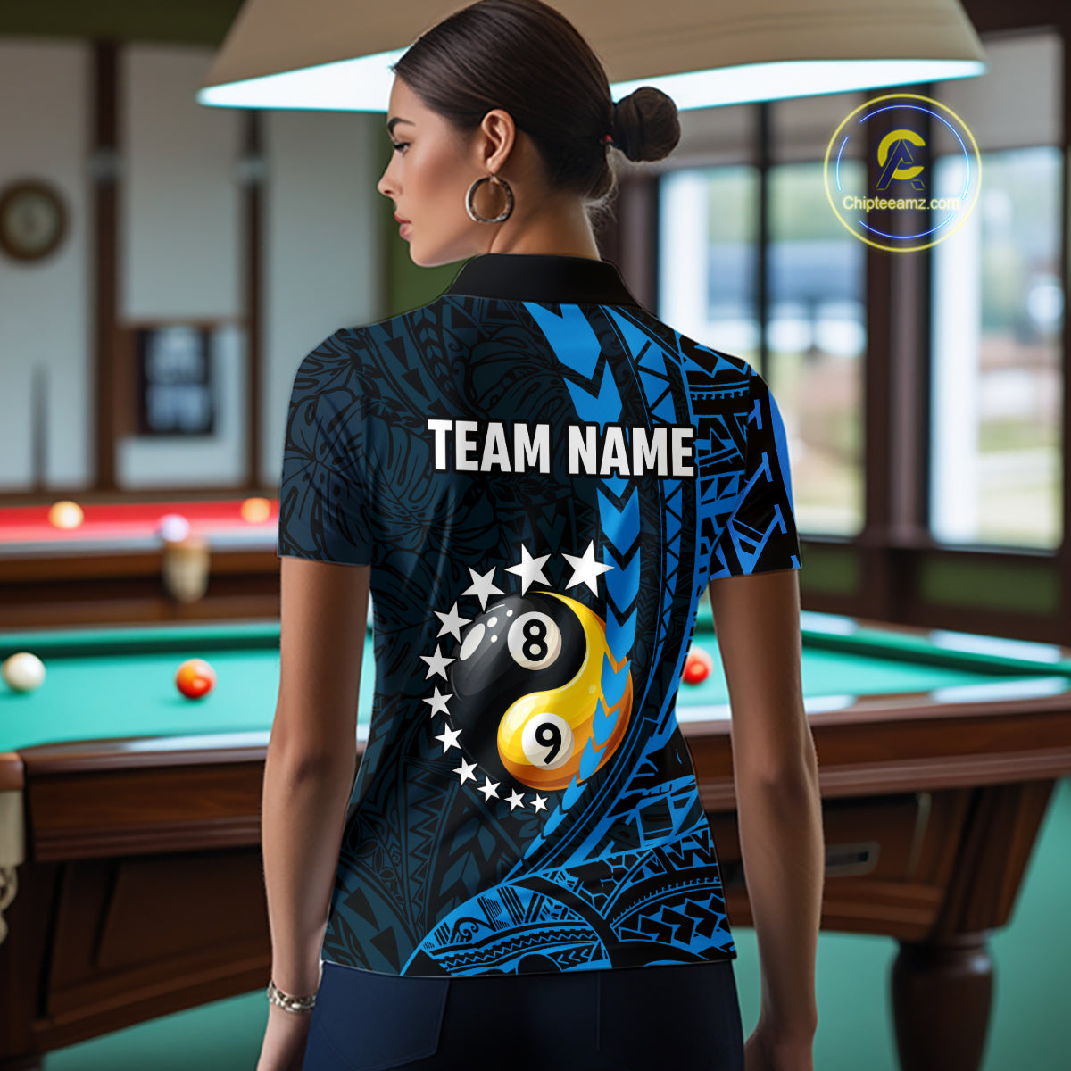 Custom Blue Tribal 8 Ball & 9 Ball Yin And Yang Billiard Shirt For Women, Funny Pool Team Jersey TDM5845