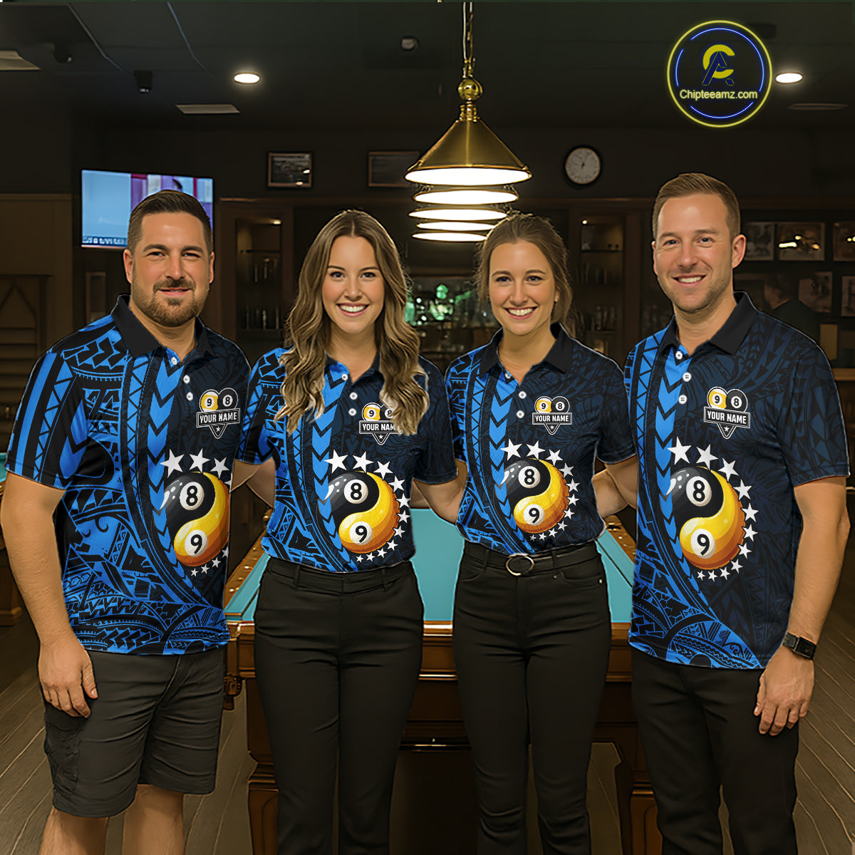 Custom Blue Tribal 8 Ball & 9 Ball Yin And Yang Billiard Shirt For Men, Funny Pool Team Jersey TDM5845