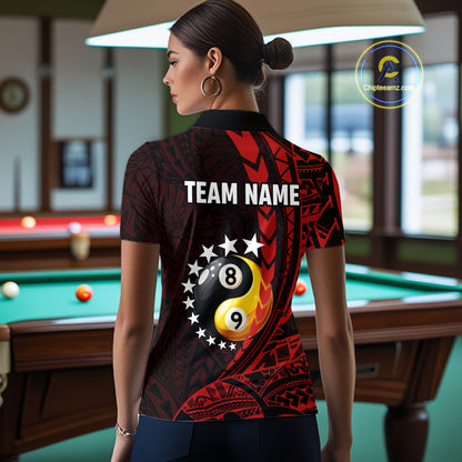 Custom Red Tribal 8 Ball & 9 Ball Yin And Yang Billiard Shirt For Women, Funny Pool Team Jersey TDM5846