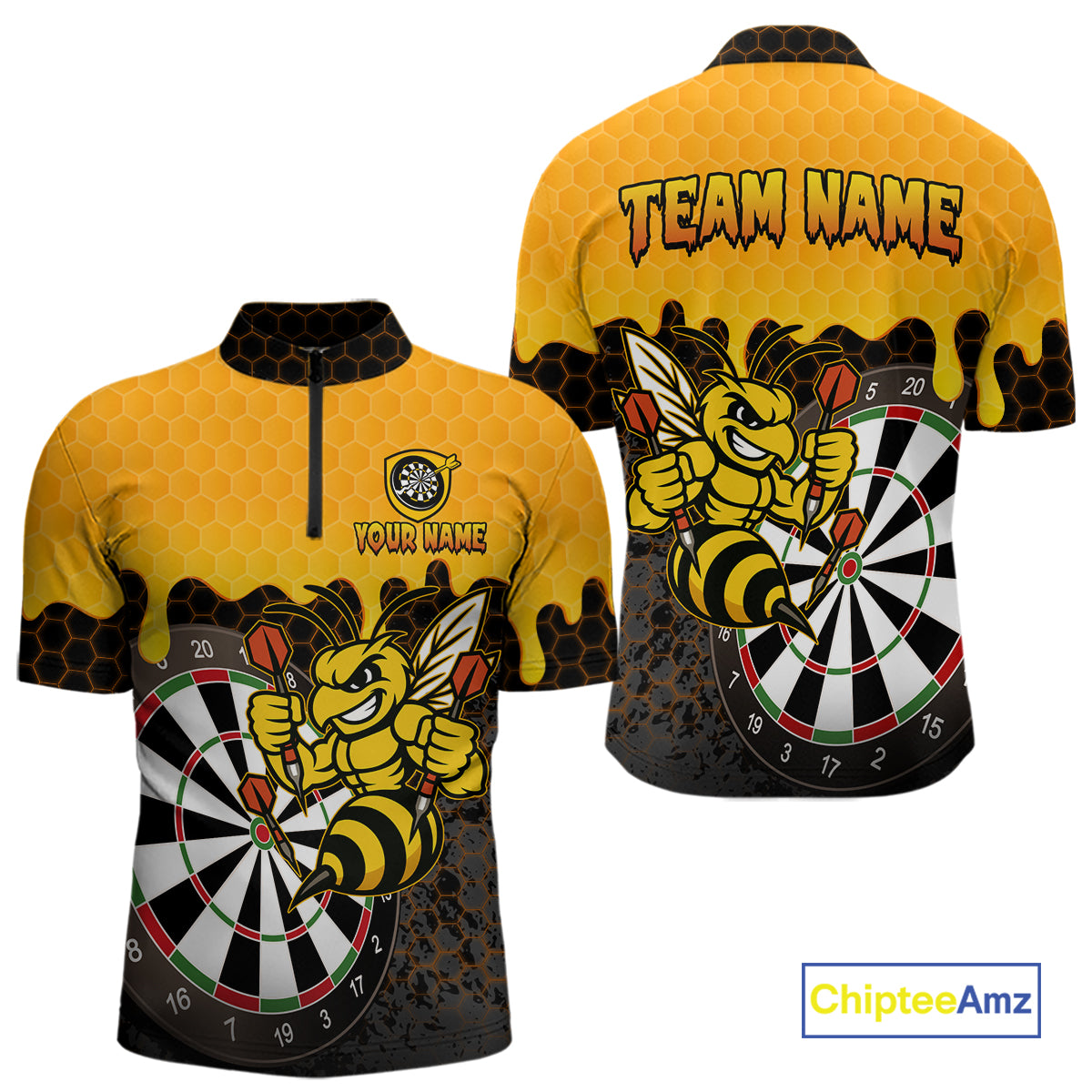 Personalized Yellow Black Funny Bee Darts Shirt For Men, Darts Team Jersey Polo & Quarter Zip TDM6004