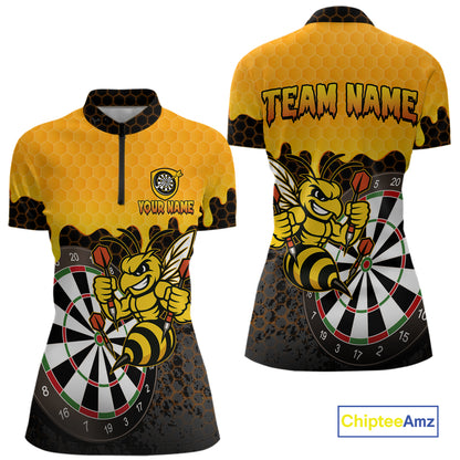 Personalized Yellow Black Funny Bee Darts Shirt For Women, Darts Team Jersey Polo & Quarter Zip TDM6004