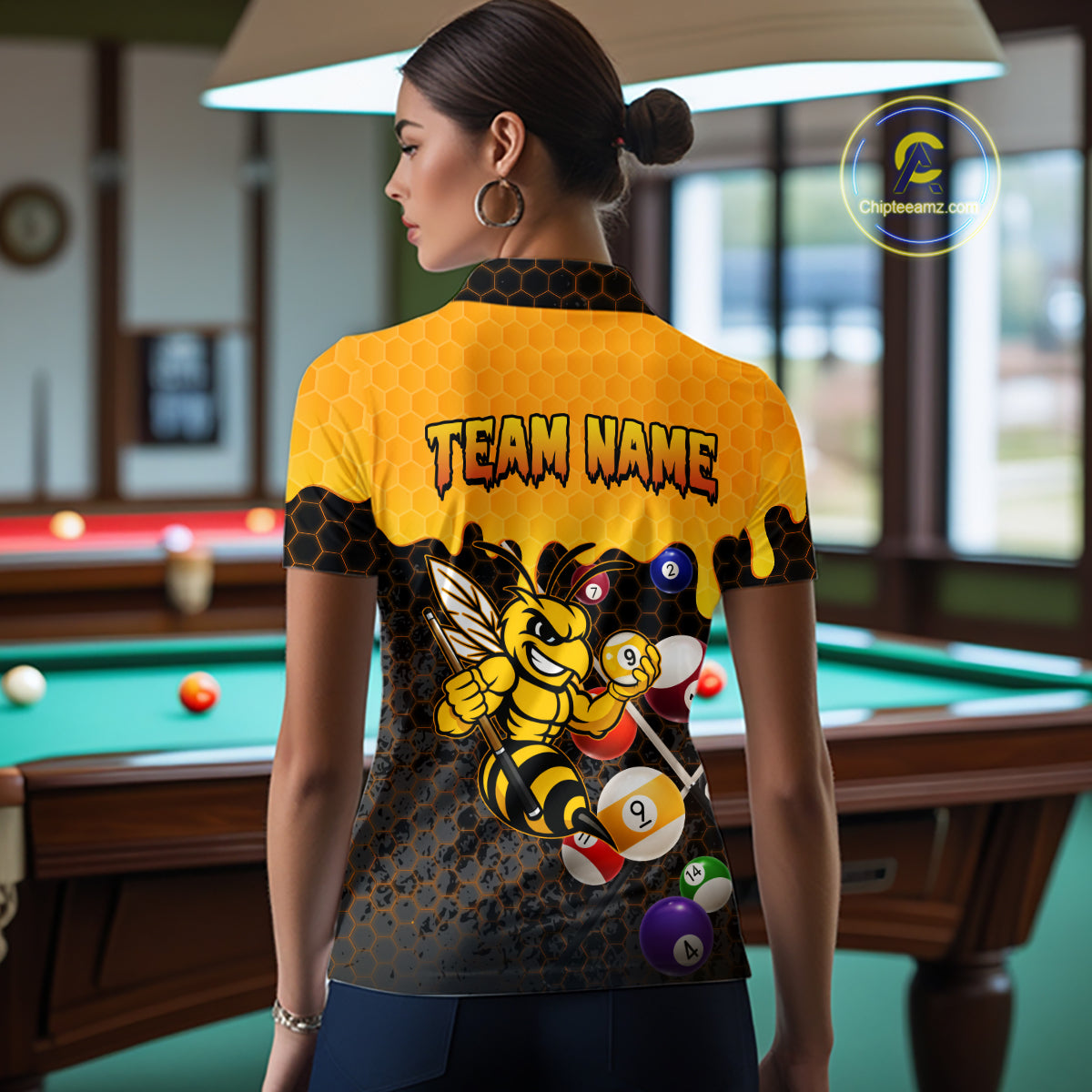 Custom Yellow Black Funny Bee 9 Ball Billiard Shirt For Women, Pool Team Jersey Polo & 1/4 Zip TDM6005