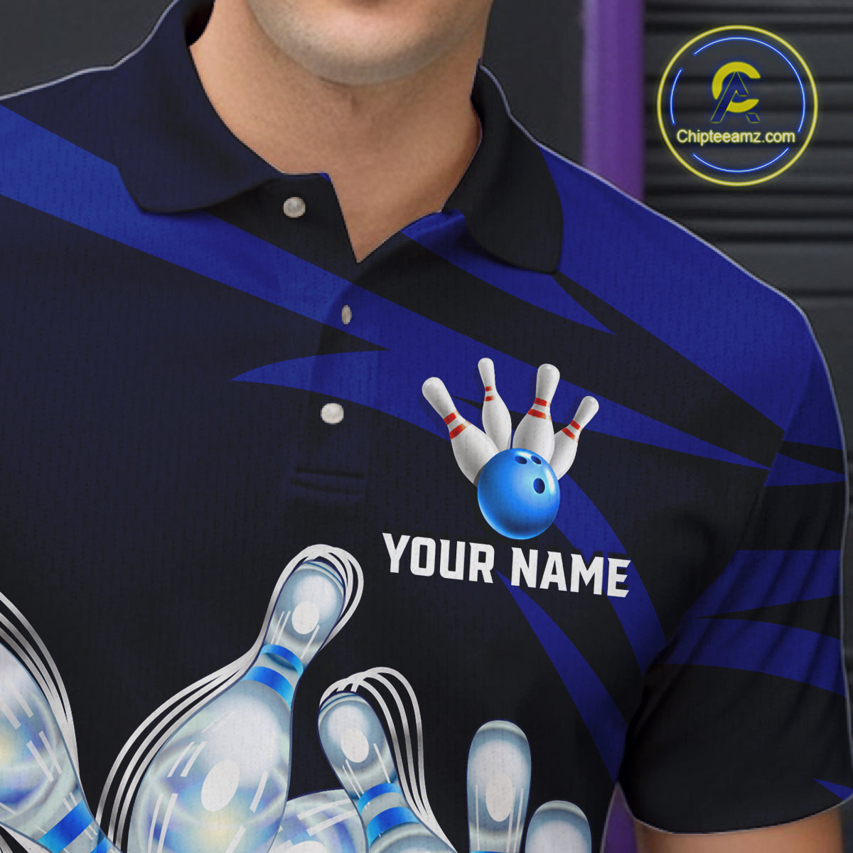 Personalized Blue Strike Ball Bowling Shirt For Men Custom Team Bowling Jersey Polo & 1/4 Zip TDM6243