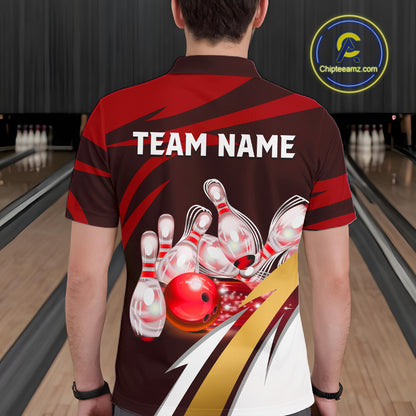 Personalized Red Strike Ball Bowling Shirt For Men Custom Team Bowling Jersey Polo & 1/4 Zip TDM6244