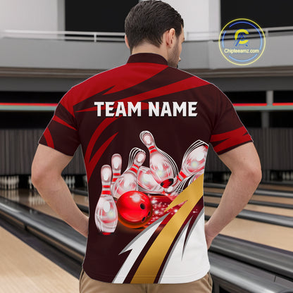 Personalized Red Strike Ball Bowling Shirt For Men Custom Team Bowling Jersey Polo & 1/4 Zip TDM6244