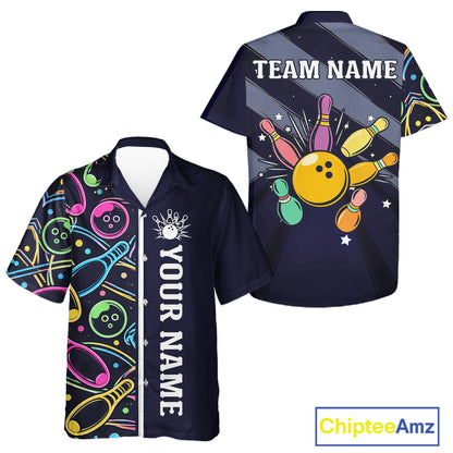 Personalized Funny Neon Bowling Hawaiian Shirt For Women, Retro Bowling Team Jersey Outfit | Navy Blue TDM6460